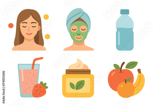Skincare and wellness: facial mask, smoothie, water bottle, and fruit icons