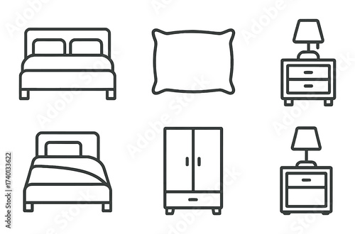 Monochrome furniture icons featuring beds, pillow, wardrobe, and nightstands