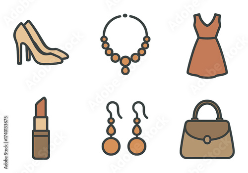 Fashion accessories set featuring necklace, dress, high heels, lipstick, earrings, and handbag icons