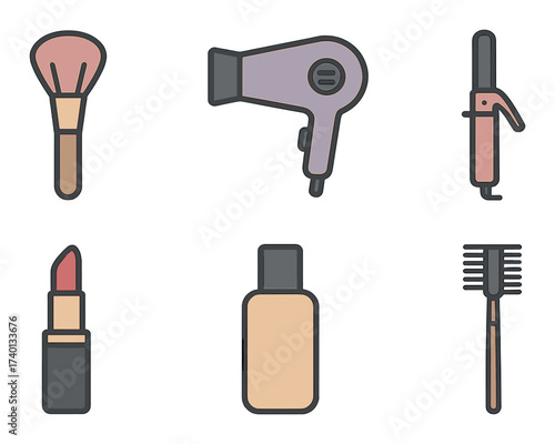Beauty and hair styling tools: makeup brush, hair dryer, curling iron, lipstick, foundation, mascara