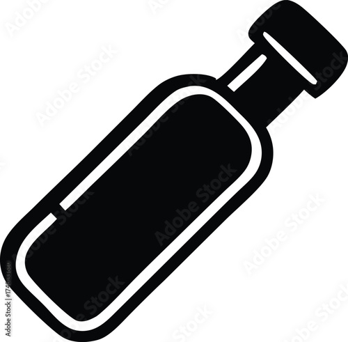 Simple black silhouette of a small opaque bottle with a cap perfect for representing liquids small containers or personal care products