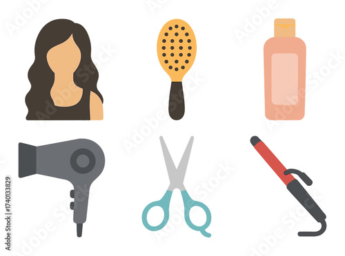 Hair styling tools and products set with brush, dryer, and scissors icons