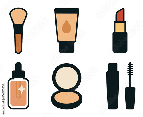 Cosmetics set with makeup brushes, lipstick, foundation, and mascara icons