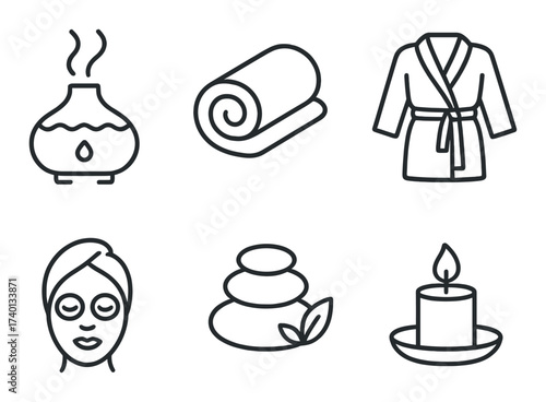 Relaxing spa icons set featuring aromatherapy, towel, robe, face mask, stones, candle