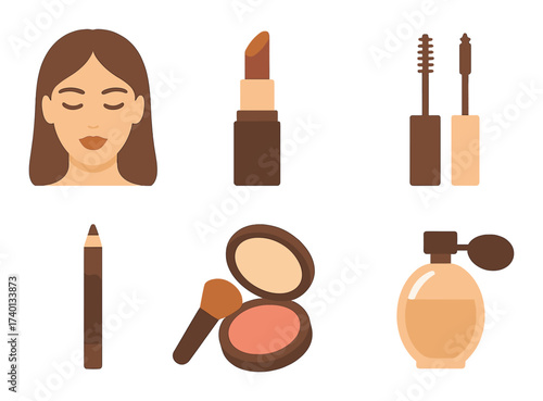 Illustrated makeup items and female face on brown background