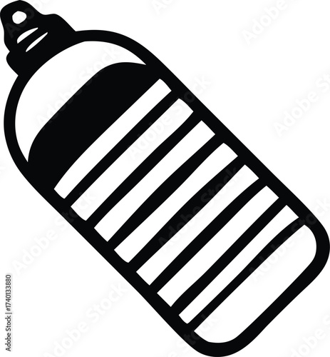Simple black and white sketch of a baby bottle with a nipple and a striped body perfect for design elements