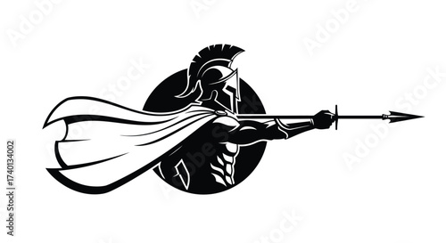 Spartan warrior with spear in black and white vector illustration