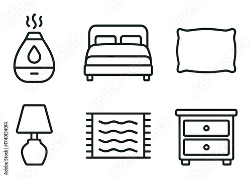 Minimalistic outline icons of bedroom essentials including bed pillow lamp and nightstand