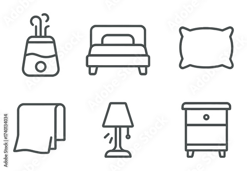 Home comfort essentials: humidifier, bed, pillow, towel, lamp, nightstand icons
