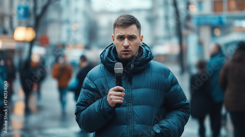 Journalist reporting live on city street with microphone