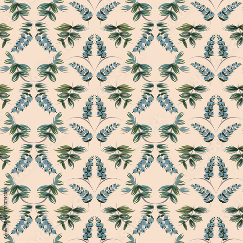 Vector floral damask seamless pattern from hand painted leaves and blue berries on a beige background