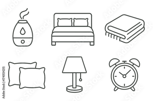 Minimalist bedroom essentials: bed, pillow, blanket, lamp, clock, humidifier outline