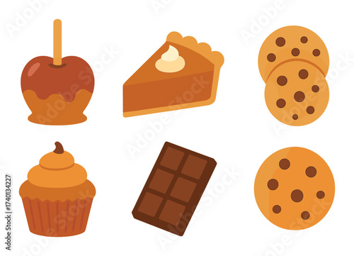 Assorted sweet treats: candy apple, pumpkin pie, cookies, cupcake, chocolate