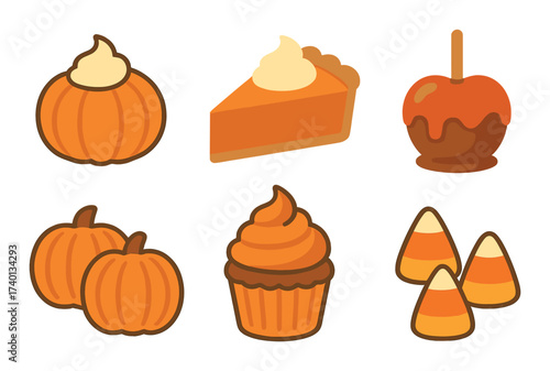 Autumn treats: pumpkin, pie, candy apple, cupcake, candy corn delights