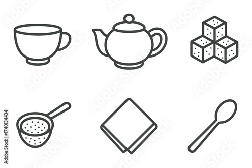 Tea set icons: cup, teapot, sugar, strainer, napkin, spoon