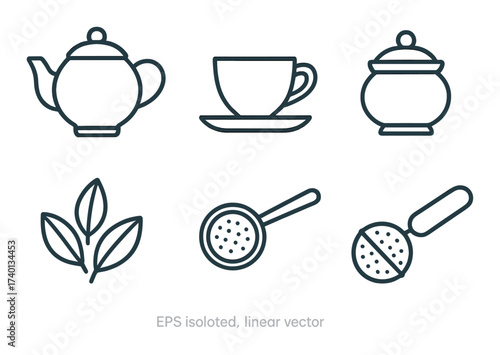 Outlined tea set and accessories on gradient background