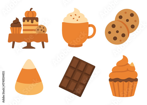 Autumn desserts and treats: cake, coffee, cookies, candy corn, chocolate, cupcake