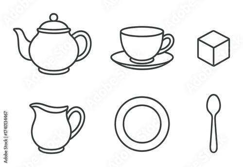 Monochrome tea set illustration with teapot, cup, cube, and spoon