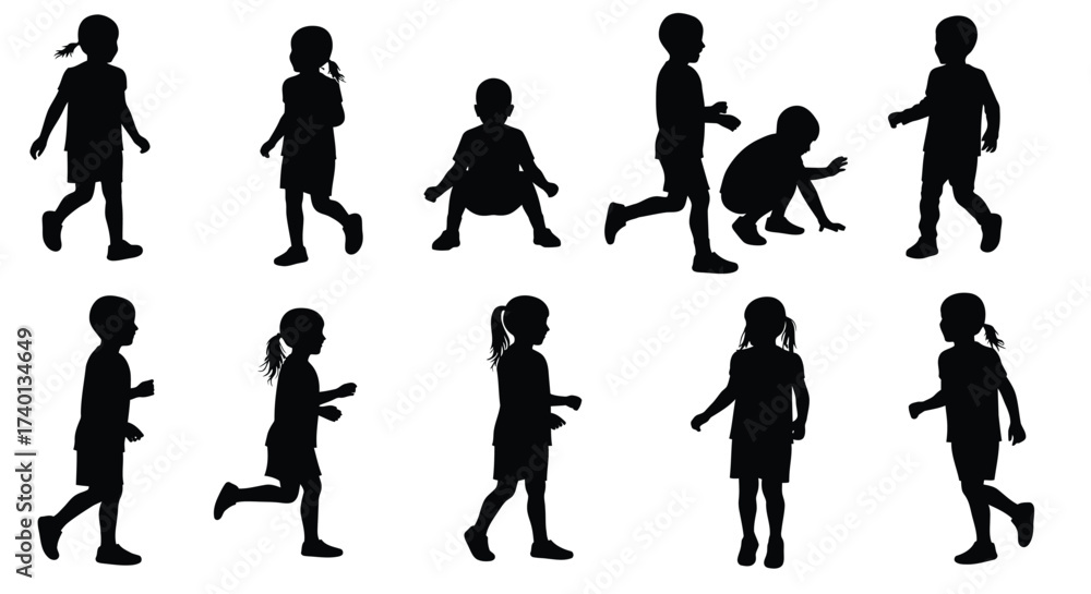 Obraz premium Silhouettes of children playing and running in a variety of poses
