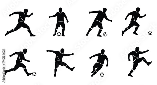Silhouettes of soccer players in dynamic running and kicking poses