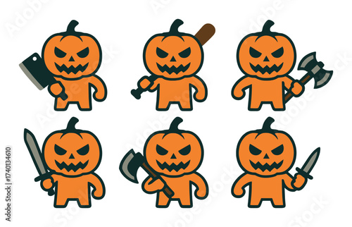 Cartoon pumpkin characters with weapons on brown background