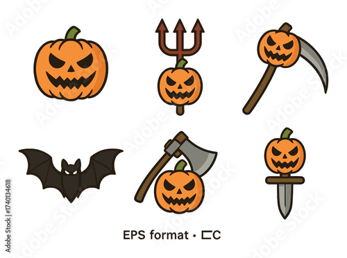 Halloween icons: pumpkin, bat, axe, scythe, trident, dagger illustrations