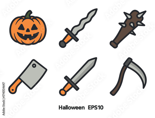 Halloween icons: pumpkin, weapons, and scythe illustrations