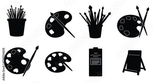 Black and white art supplies illustration with brushes palettes and easel