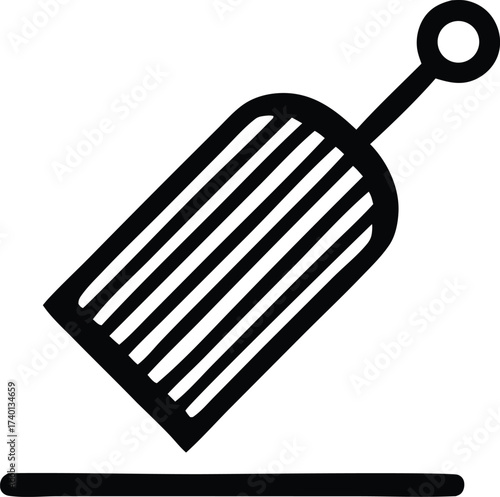 Simple line art icon of a dustpan and brush used for cleaning small messes indoors or outdoors effectively