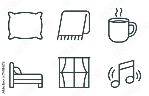 Cozy home essentials: pillow, blanket, hot drink, bed, curtains, music icon set