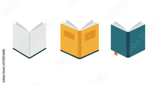 Three open books in various colors simple flat design illustration