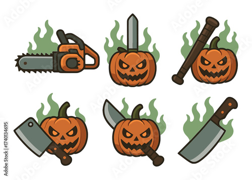 Halloween pumpkins with spooky weapons: chainsaw, sword, machete, cleaver, bat knife