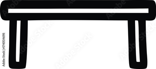 Simple hand drawn black line art representation of a modern console table or desk with sturdy legs suitable for graphic design elements and icons.