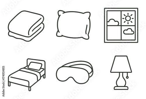 Sleep essentials icons set featuring bed, pillow, blanket, eyemask, lamp, window