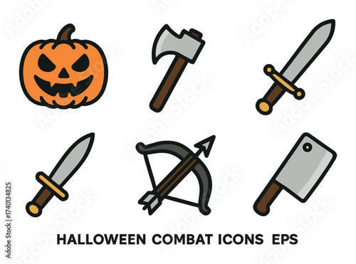 Halloween combat icons: pumpkin, axe, sword, bow, cleaver on grunge background