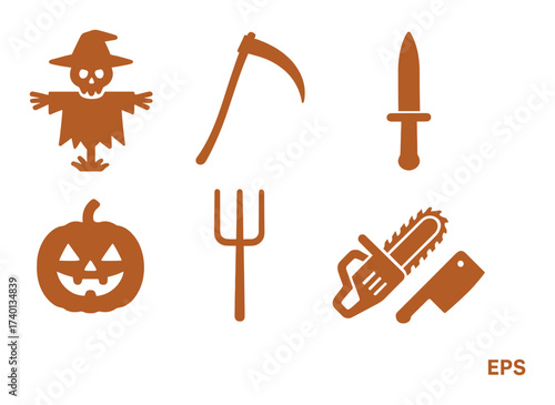 Spooky halloween icons featuring scarecrow, scythe, knife, pumpkin, pitchfork, chainsaw
