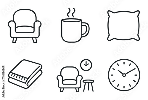 Cozy living room elements: armchair, coffee mug, pillow, blanket, clock