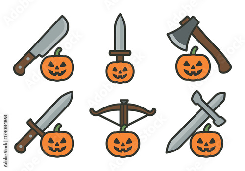 Halloween pumpkin and weapon icon set with knives, ax, and crossbow