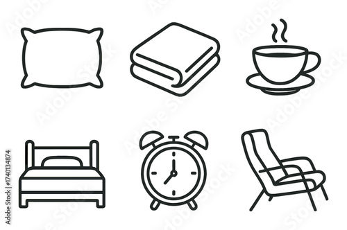 Bedroom icons: pillow, blanket, cup, bed, clock, chair on green background