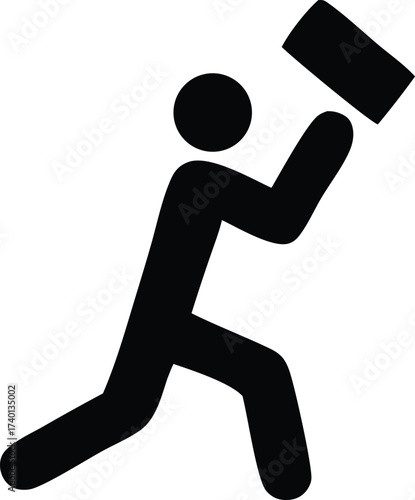 Pictogram of a person about to throw or toss a rectangular object with dynamic motion