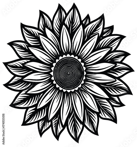 Detailed black and white illustration of a sunflower featuring intricate petal and center detailing, perfect for decorative purposes and design elements