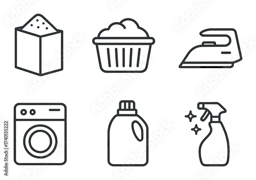 Household laundry icons: detergent, washer, basket, iron, spray bottle