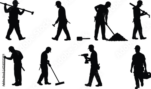 Silhouette construction workers with tools, shovels, drills, toolboxes, hammers, teamwork, laborers, industrial equipment, building maintenance, construction industry illustration