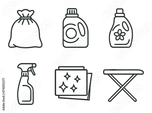 Monochrome laundry icons set featuring detergent, spray bottle, and ironing board