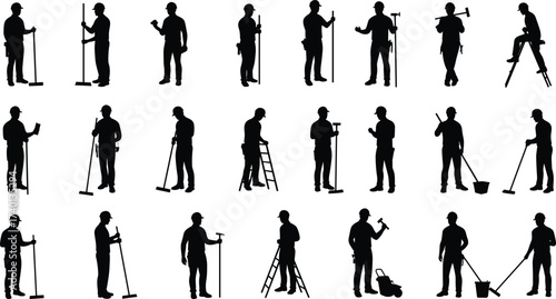 Silhouette construction workers with tools, hard hats, ladders, hammers, sweeping equipment, teamwork, industrial labor, building maintenance, construction industry illustration