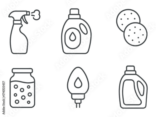 Set of cleaning and household product icons on grayscale background