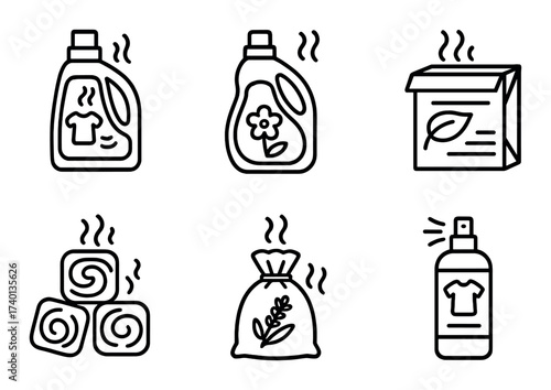 Eco-friendly laundry products icons with detergent, softener, and dryer sheets