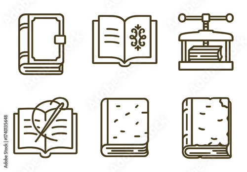 Antique book icon set featuring vintage press and open books on gold background