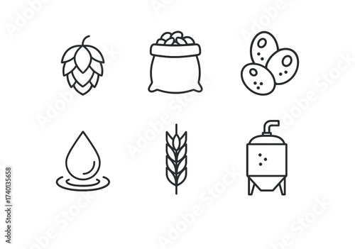 Brewing ingredients icons: hops, malt, yeast, water, wheat, fermentation tank