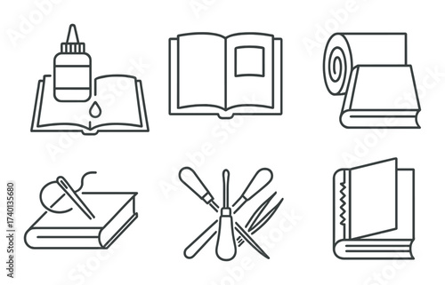 Icons of bookbinding essentials: glue, open book, paper roll, needle, awl, closed book